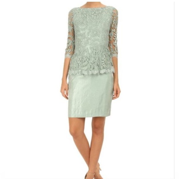 Adrianna Papell Peplum Dress Green Floral Lace Formal Wedding Guest Mermaid Sz 8 - Picture 3 of 15